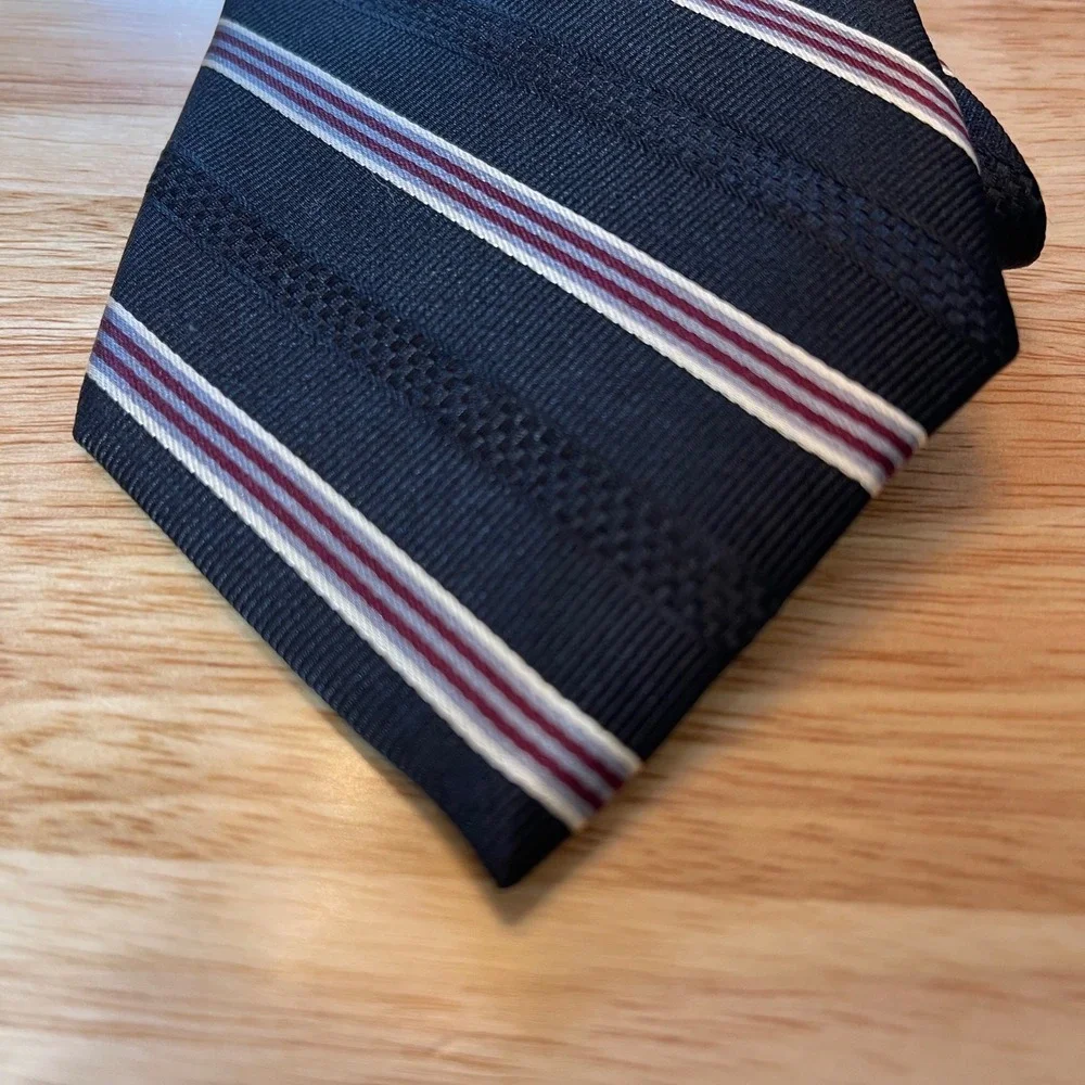 Jos‎ A Bank Mens Silk Tie Black Burgundy White Stripe Business Formal